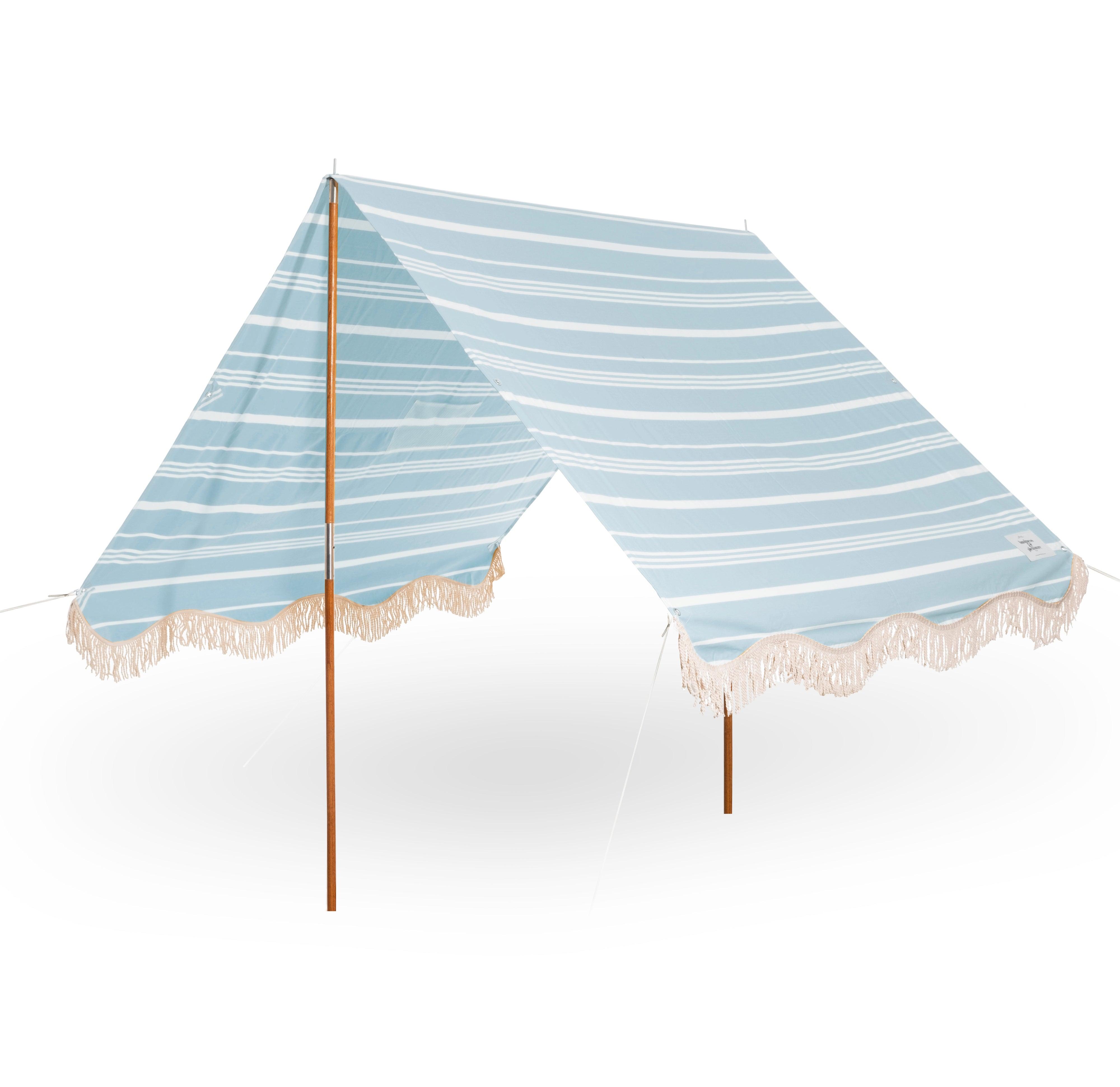 business & pleasure premium beach tent, vintage blue stripe – minnow