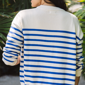women's cream and blue stripe knit cardigan