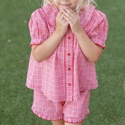 girls poppy gingham puff sleeve top and ruffle short set