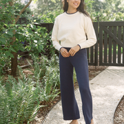 women's cream cropped knit sweater with navy trim