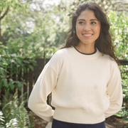 women's cream cropped knit sweater with navy trim