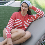 women's red and cream stripe cropped knit cardigan