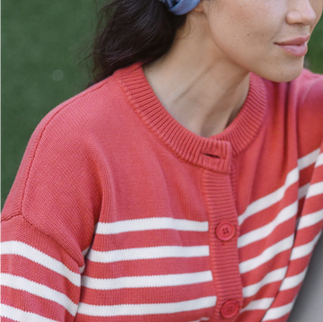women's red and cream stripe cropped knit cardigan