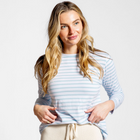 women's white and powder blue stripe long sleeve tee