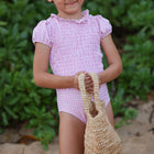 girls pink guava gingham puff sleeve smocked one piece with ruffle collar