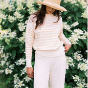 women's cream and tan stripe knit sweater