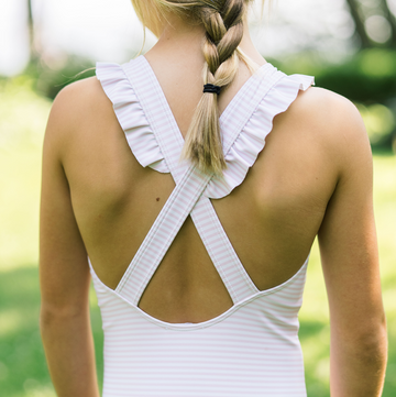 girls pink stripe crossover one piece