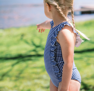 girls navy gingham ruffle one piece