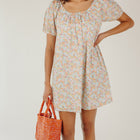 women's hawaiian floral short sleeve gathered square neckline dress