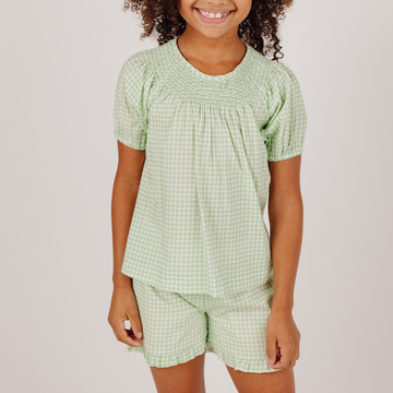 girls palm gingham smocked sleeve short set