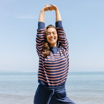 women's navy and dusty red stripe knit sweater