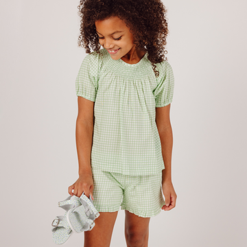 girls palm gingham smocked sleeve short set