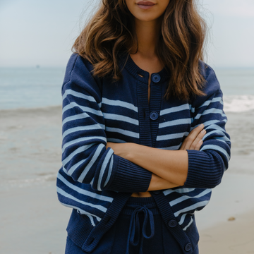 women's navy and peri blue stripe cardigan