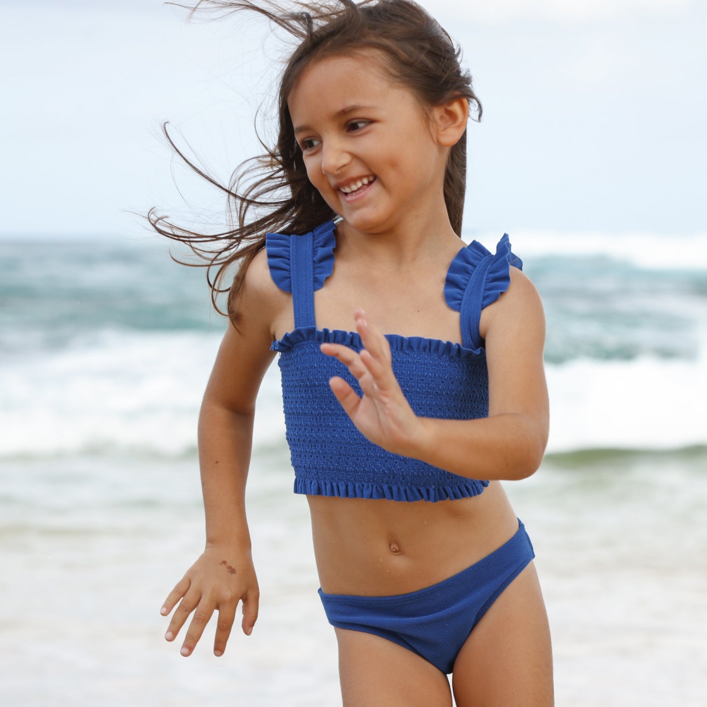 girls cove blue terry ruffle strap diamond smocked bikini minnow swim