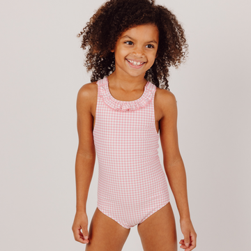 girls pink guava gingham ruffle neck one piece with back bow tie