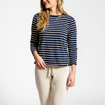 women's navy and cream stripe long sleeve knit tee