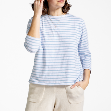 women's white and powder blue stripe long sleeve tee