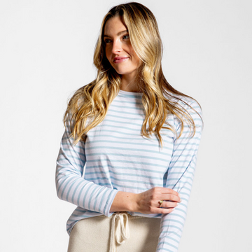 women's white and powder blue stripe long sleeve tee