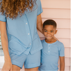 women's sky blue gingham collared shirt and short pima pajamas set