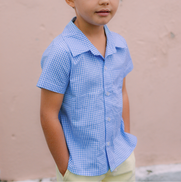 boys sky blue gingham short sleeve button down shirt