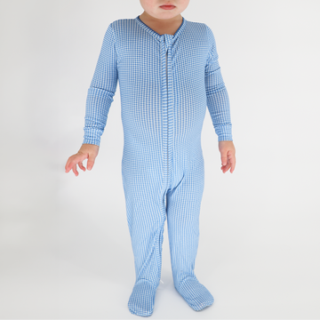 baby sky blue gingham pima footie