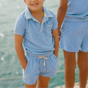 unisex clearwater blue french terry polo with ribbed hem