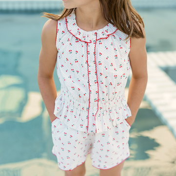 girls summer cherries gathered tank top and short set