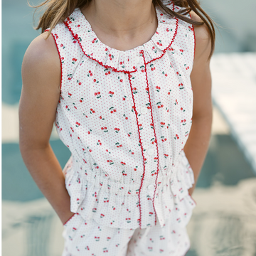 girls summer cherries gathered tank top and short set