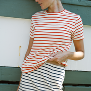 women's cream and red stripe short sleeve tee