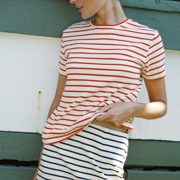 women's cream and red stripe short sleeve tee