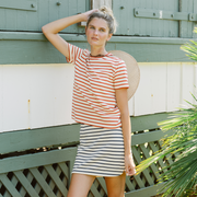 women's cream and red stripe short sleeve tee