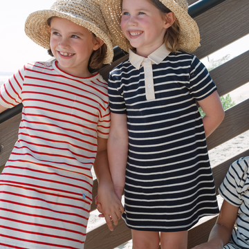 girls navy and cream stripe short sleeve tennis dress