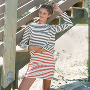 women's cream and navy stripe long sleeve tee