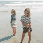 girls cream and navy stripe skirt with shorts