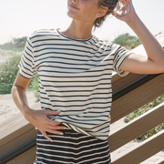 women's cream and navy stripe short sleeve tee