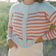 women's light blue and peach stripe cropped knit cardigan