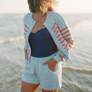 women's light blue and peach stripe cropped knit cardigan