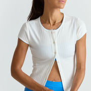 women's white pointelle short sleeve cardigan