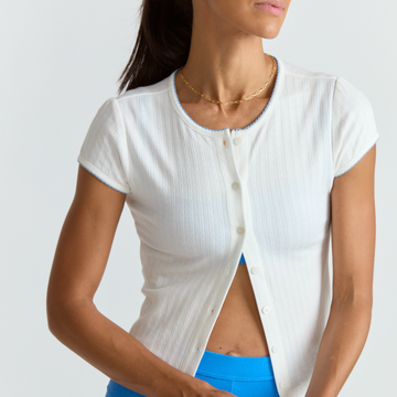 women's white pointelle short sleeve cardigan