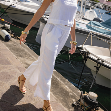 women's white scalloped linen beach pant