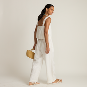 women's white scalloped linen beach pant