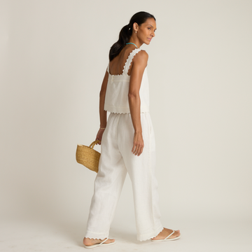 women's white scalloped linen beach pant