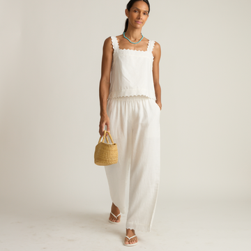 women's white scalloped linen beach pant