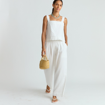 women's White linen scalloped Beach pant | xs | contemporary swimwear & resort wear