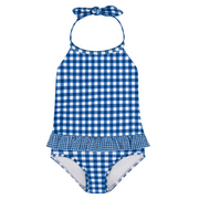 girls navy picnic gingham ruffle halter one piece