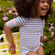 girls jetty stripe quarter sleeve rashguard one piece
