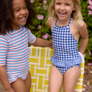 girls jetty stripe quarter sleeve rashguard one piece