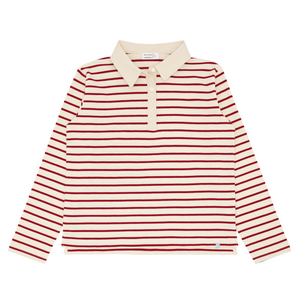 women's cream and red stripe rugby shirt