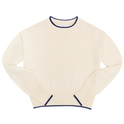 women's cream cropped knit sweater with navy trim