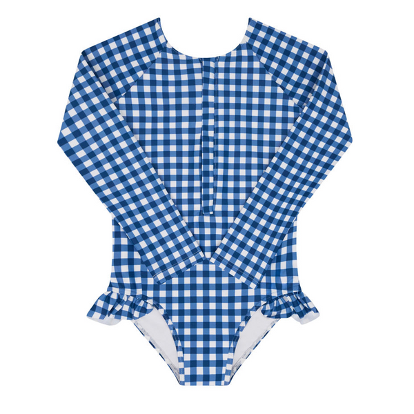 girls navy picnic gingham front zip rashguard one piece – minnow
